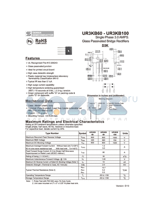 UR3KB100 datasheet - Single Phase 3.0 AMPS. Glass Passivated Bridge Rectifiers