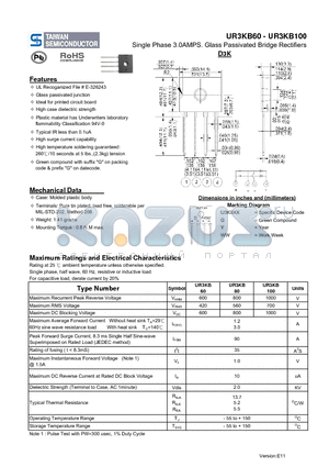 UR3KB60 datasheet - Single Phase 3.0AMPS. Glass Passivated Bridge Rectifiers