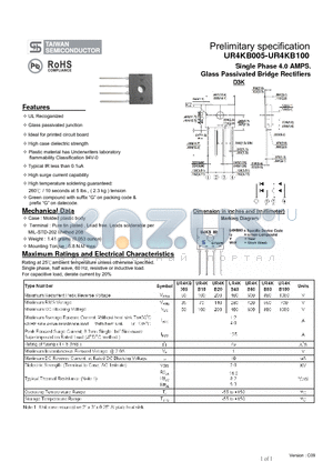 UR4KB10 datasheet - Single Phase 4.0 AMPS. Glass Passivated Bridge Rectifiers