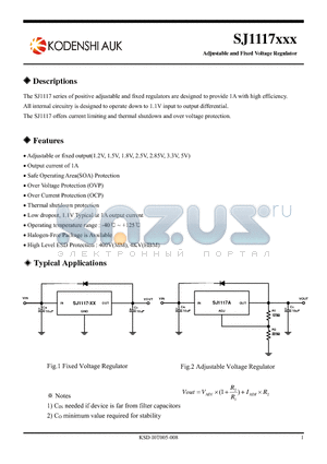 SJ1117-50PI datasheet - Adjustable and Fixed Voltage Regulator