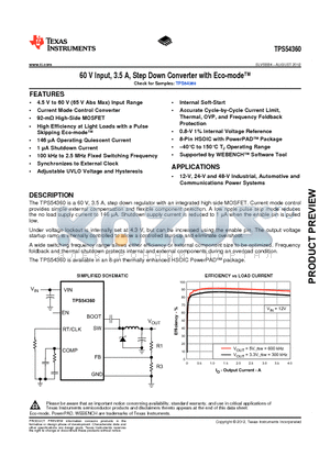 TPS54360 datasheet - 60 V Input, 3.5 A, Step Down Converter with Eco-mode