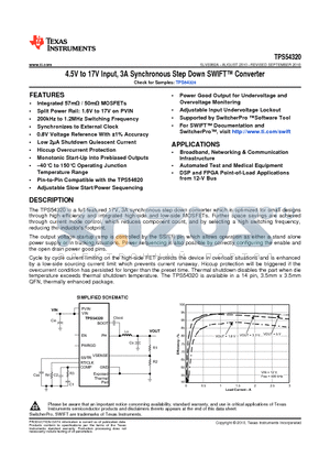 TPS54320RHLR datasheet - 4.5V to 17V Input, 3A Synchronous Step Down SWIFT Converter