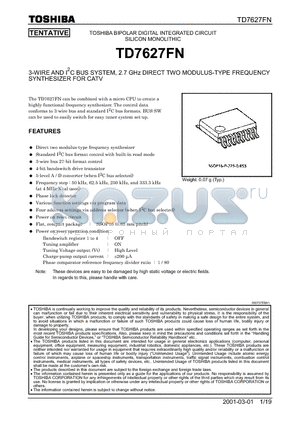 TD7627FN_01 datasheet - 3-WIRE AND I2C BUS SYSTEM, 2.7 GHz DIRECT TWO MODULUS-TYPE FREQUENCY SYNTHESIZER FOR CATV