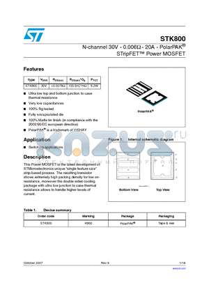 STK800_07 datasheet - N-channel 30V - 0.006Y - 20A - PolarPAK^ STripFET Power MOSFET