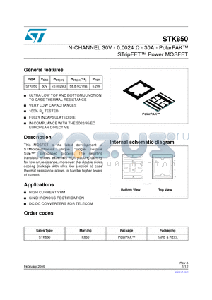 STK850 datasheet - N-CHANNEL 30V - 0.0024 Y - 30A - PolarPAK-TM STripFET Power MOSFET