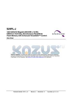 S29PL127J datasheet - CMOS 3.0 Volt-Only, Simultaneous-Read/Write Flash Memory with Enhanced VersatileIO Control