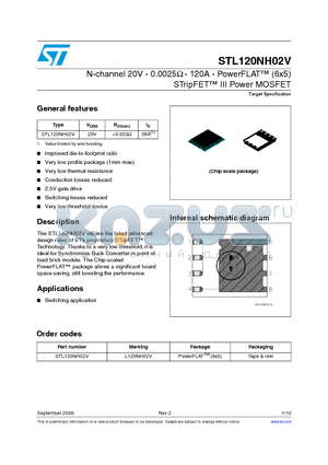 STL120NH02V datasheet - N-channel 20V - 0.0025ohm - 120A - PowerFLAT(6x5) STripFETIII Power MOSFET