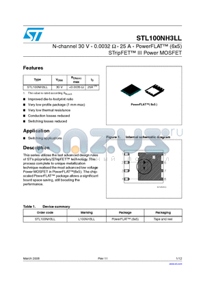 STL100NH3LL_08 datasheet - N-channel 30 V - 0.0032 Y - 25 A - PowerFLAT (6x5) STripFET III Power MOSFET