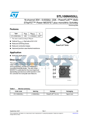 STL100NHS3LL datasheet - N-channel 30V - 0.0032Y - 22A - PowerFLAT (6x5) STripFET Power MOSFET plus monolithic Schottky