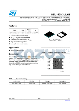 STL150N3LLH5 datasheet - N-channel 30 V - 0.0014 Y - 35 A - PowerFLAT (6x5) STripFET V Power MOSFET