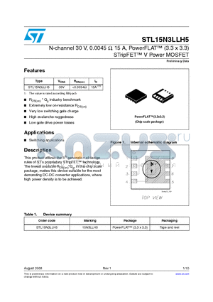 STL15N3LLH5 datasheet - N-channel 30 V, 0.0045 Y, 15 A, PowerFLAT (3.3 x 3.3) STripFET V Power MOSFET