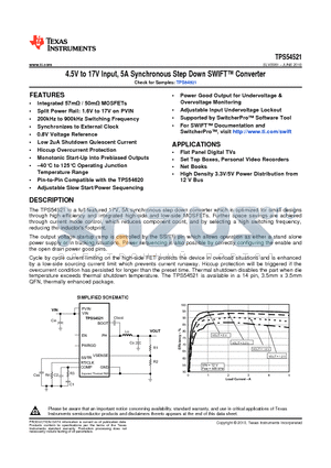 TPS54521 datasheet - 4.5V to 17V Input, 5A Synchronous Step Down SWIFT Converter