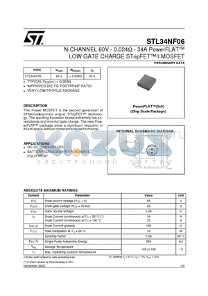 STL34NF06 datasheet - N-CHANNEL 60V - 0.024ohm - 34A PowerFLAT LOW GATE CHARGE STripFETII MOSFET