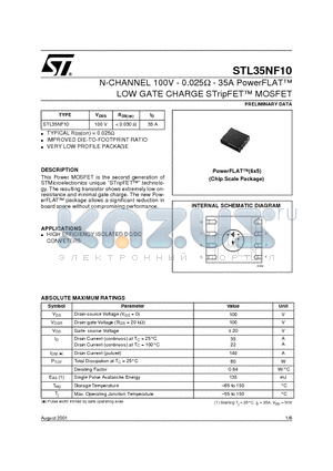 STL35NF10 datasheet - N-CHANNEL 100V - 0.025ohm - 35A PowerFLAT LOW GATE CHARGE STripFET MOSFET