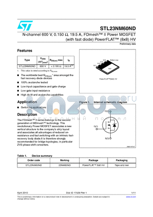 STL23NM60ND datasheet - N-channel 600 V, 0.150 Y, 19.5 A, FDmesh II Power MOSFET (with fast diode) PowerFLAT (8x8) HV