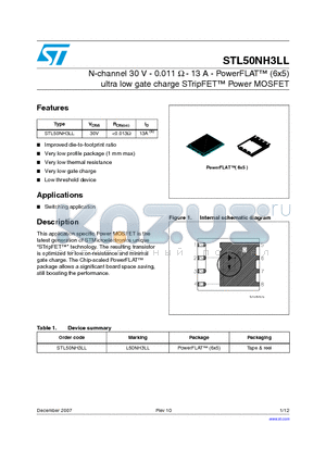 STL50NH3LL_07 datasheet - N-channel 30 V - 0.011 Y - 13 A - PowerFLAT (6x5) ultra low gate charge STripFET Power MOSFET