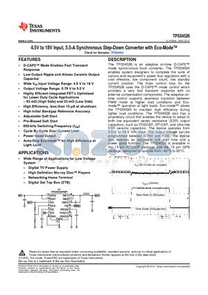 TPS54526 datasheet - 4.5V to 18V Input, 5.5-A Synchronous Step-Down Converter with Eco-Mode