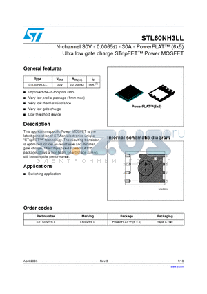 STL60NH3LL datasheet - N-channel 30V - 0.0065Ohm - 30A - PowerFLAT TM (6x5) Ultra low gate charge STripFET Power MOSFET