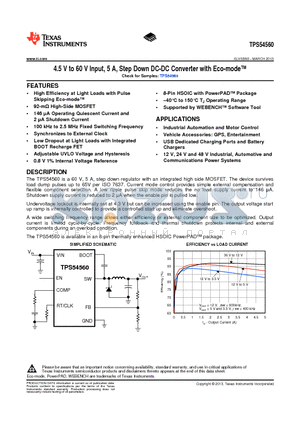 TPS54560 datasheet - 4.5 V to 60 V Input, 5 A, Step Down DC-DC Converter with Eco-mode