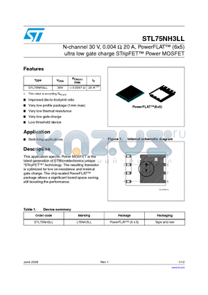 STL75NH3LL datasheet - N-channel 30 V, 0.004 Y, 20 A, PowerFLAT (6x5) ultra low gate charge STripFET Power MOSFET
