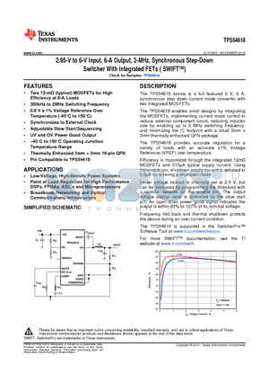 TPS54618 datasheet - 2.95-V to 6-V Input, 6-A Output, 2-MHz, Synchronous Step-Down Switcher