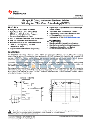 TPS54620RGY datasheet - 17V Input, 6A Output, Synchronous Step Down Switcher With Integrated FET in 3.5mm x 3.5mm Package(SWIFT)