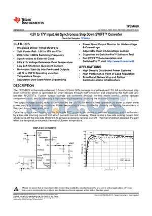 TPS54620RGY datasheet - 4.5V to 17V Input, 6A Synchronous Step Down SWIFT Converter