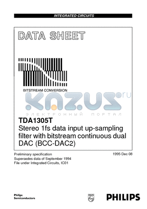 TDA1305T datasheet - Stereo 1fs data input up-sampling filter with bitstream continuous dual DAC BCC-DAC2