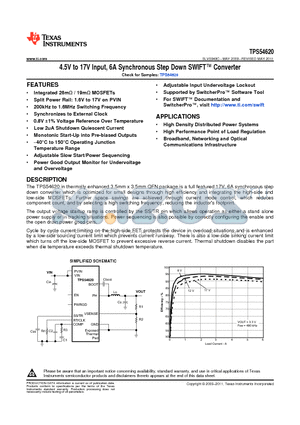 TPS54620RHLT datasheet - 4.5V to 17V Input, 6A Synchronous Step Down SWIFT Converter