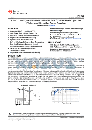 TPS54623RHLR datasheet - 4.5V to 17V Input, 6A Synchronous Step Down SWIFT Converter With Light Load Efficiency and Hiccup Over Current Protection