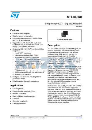 STLC4560 datasheet - Single chip 802.11b/g WLAN radio