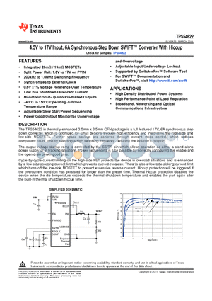 TPS54622RHLR datasheet - 4.5V to 17V Input, 6A Synchronous Step Down SWIFT Converter With Hiccup