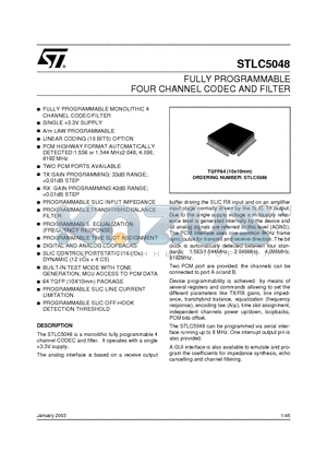 STLC5048 datasheet - FULLY PROGRAMMABLE FOUR CHANNEL CODEC AND FILTER
