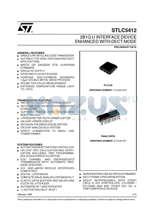 STLC5412FN datasheet - 2B1Q U INTERFACE DEVICE ENHANCED WITH DECT MODE