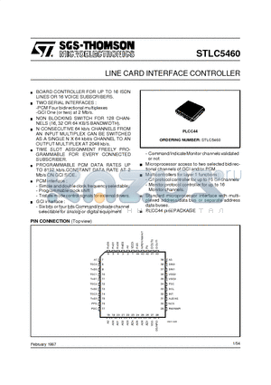 STLC5460 datasheet - LINE CARD INTERFACE CONTROLLER
