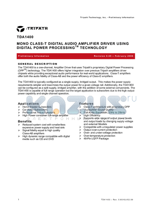 TDA1400 datasheet - MONO CLASS-T DIGITAL AUDIO AMPLIFIER DRIVER USING DIGITAL POWER PROCESSINGTM TECHNOLOGY