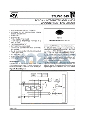 STLC60134 datasheet - TOSCA  INTEGRATED ADSL CMOS ANALOG FRONT-END CIRCUIT