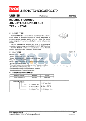 UR6516BG-SH2-R datasheet - 2A SINK & SOURCE ADJUSTABLE LINEAR BUS TERMINATOR