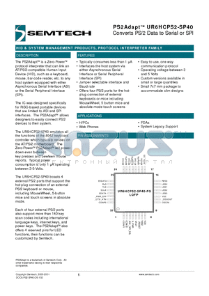 UR6HCPS2-SP40 datasheet - Converts PS/2 Data to Serial or SPI