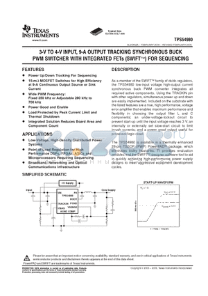 TPS54980 datasheet - 3-V TO 4-V INPUT 9-A OUTPUT TRACKING SYNCHRONOUS BUCK PWM SWITCHER WITH INTEGRATED FETS FOR SEQUENCING