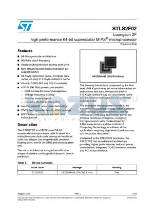 STLS2F02 datasheet - Loongson 2F high performance 64-bit superscalar MIPS^ microprocessor