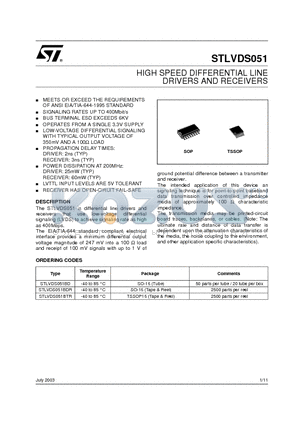 STLVDS051BDR datasheet - HIGH SPEED DIFFERENTIAL LINE DRIVERS AND RECEIVERS