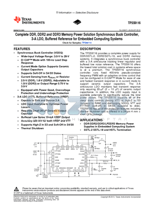 TPS59116 datasheet - Complete DDR, DDR2 and DDR3 Memory Power Solution Synchronous Buck Controller 3-A LDO, Buffered Reference for Embedded Computing Systems