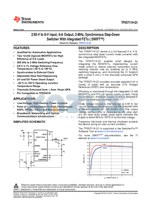 TPS57114QRTERQ1 datasheet - 2.95-V to 6-V Input, 4-A Output, 2-MHz, Synchronous Step-Down Switcher With Integrated FETs ( SWIFT)