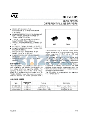 STLVDS31BD datasheet - HIGH SPEED DIFFERENTIAL LINE DRIVERS