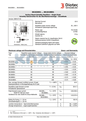 SK10100D1 datasheet - Surface Mount Schottky Rectifiers - Single Diode