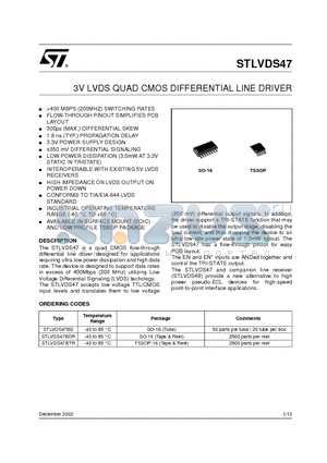 STLVDS47BTR datasheet - 3V LVDS QUAD CMOS DIFFERENTIAL LINE DRIVER