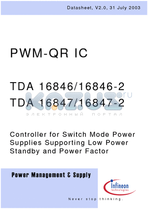 TDA16846-2 datasheet - Controller for Switch Mode Power Supplies Supporting Low Power Standby and Power Factor