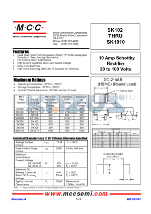 SK102_11 datasheet - 10 Amp Schottky Rectifier 20 to 100 Volts