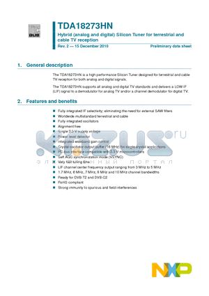 TDA18273HN datasheet - Hybrid (analog and digital) Silicon Tuner for terrestrial and cable TV reception